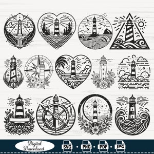 May include: Set of 12 black and white line art illustrations of lighthouses in various styles. Each design features a lighthouse with waves, sun, stars, and other nautical elements. The illustrations are perfect for creating digital or physical crafts, such as t-shirts, mugs, stickers, and more.