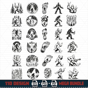 Pu&ograve; includere: Un set di 25 illustrazioni digitali in bianco e nero che presentano un personaggio di Bigfoot in varie pose e ambientazioni. Le illustrazioni includono Bigfoot che suona la chitarra, fa skateboard, tiene una birra e sta in piedi in un bosco. Il testo "Believe" appare in una delle illustrazioni. Le illustrazioni sono adatte per l'uso in progetti digitali, come design di t-shirt, grafica per i social media e design di siti web.