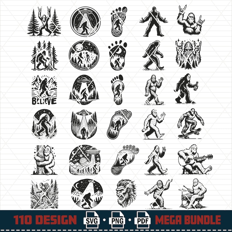 Pu&ograve; includere: Un set di 25 illustrazioni digitali in bianco e nero che presentano un personaggio di Bigfoot in varie pose e ambientazioni. Le illustrazioni includono Bigfoot che suona la chitarra, fa skateboard, tiene una birra e sta in piedi in un bosco. Il testo "Believe" appare in una delle illustrazioni. Le illustrazioni sono adatte per l'uso in progetti digitali, come design di t-shirt, grafica per i social media e design di siti web.