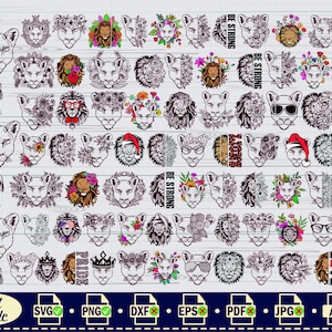 Mega paquete de SVG de león, SVG de león con flores, SVG de rey león, SVG de media cara de león, archivo de corte de león, SVG de cabeza de león, Clipart de SVG de león lindo, Cricut png