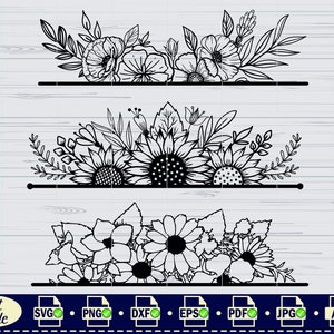 May include: Three black and white floral designs with different flowers. The top design features a cluster of poppies, the middle design features sunflowers, and the bottom design features a cluster of daisies.