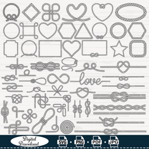 May include: A set of 40 black and white rope knot illustrations. The illustrations include various shapes, such as circles, hearts, stars, and squares. There are also several different knot designs, including a bow, a figure eight, and a heart knot. The illustrations are perfect for use in crafting, scrapbooking, or digital design.