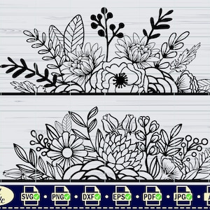 May include: Black and white digital download of two floral arrangements. The top arrangement features a large flower with a center circle and smaller flowers and leaves. The bottom arrangement features a large flower with a center circle and smaller flowers and leaves.