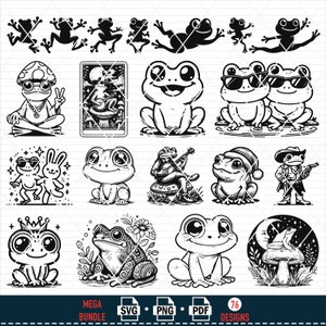 Puede incluir: Un conjunto de 76 ilustraciones digitales en blanco y negro de ranas en varias poses y escenarios. Las ranas se representan en un estilo de dibujos animados e incluyen una rana meditando, una rana tocando la guitarra, una rana con un sombrero de vaquero y una rana con una corona.