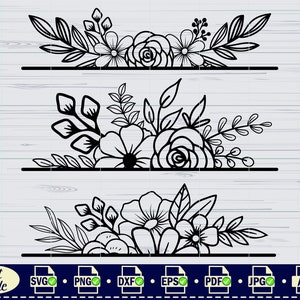 May include: Three black and white floral designs with a line underneath each design. The designs are made up of flowers, leaves, and stems.