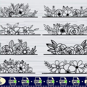 May include: A set of eight black and white floral divider designs. Each design features a different arrangement of flowers, leaves, and stems. The designs are perfect for adding a touch of elegance to any project.