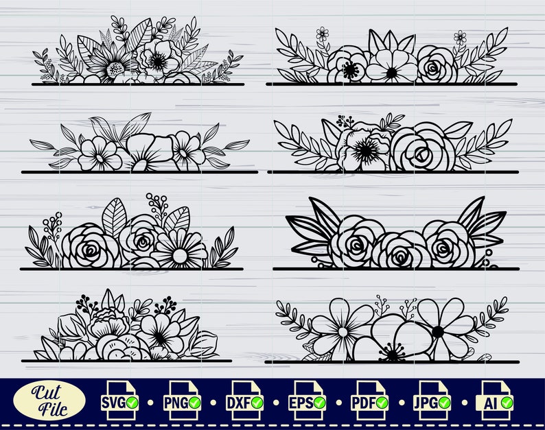 May include: A set of eight black and white floral divider designs. Each design features a different arrangement of flowers, leaves, and stems. The designs are perfect for adding a touch of elegance to any project.