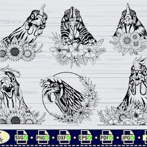 Huhn Monogramm #10, Blumen Huhn, verrücktes Huhn, süßer Hahn, Bauernhof, Vektor, Download, Clipart, Cricut, Silhouette, Schnittdatei, printable Art