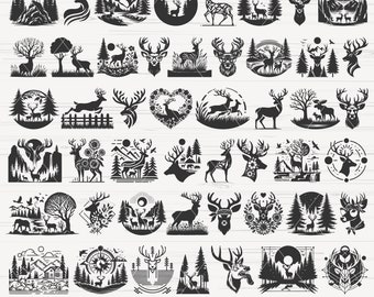 Hirsch SVG Bundle: Elch Silhouette, Wald Berg Clipart (digitaler Download)