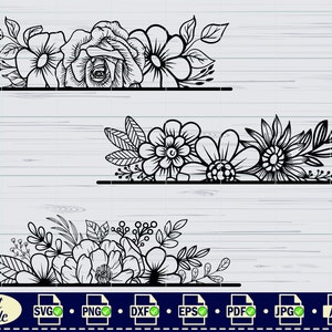 May include: Three black and white floral designs with different arrangements of flowers and leaves. The designs are separated by a horizontal line.