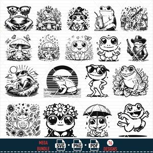 Puede incluir: Un conjunto de 16 ilustraciones digitales en blanco y negro que representan ranas en varias poses y entornos. Las ranas llevan gafas de sol, sombreros y otros accesorios. Algunas ranas sostienen objetos como tablas de surf, guitarras y bebidas. Las ilustraciones son perfectas para usar en proyectos de manualidades, scrapbooking y dise&ntilde;o digital.