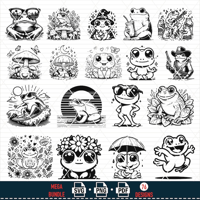 Puede incluir: Un conjunto de 16 ilustraciones digitales en blanco y negro que representan ranas en varias poses y entornos. Las ranas llevan gafas de sol, sombreros y otros accesorios. Algunas ranas sostienen objetos como tablas de surf, guitarras y bebidas. Las ilustraciones son perfectas para usar en proyectos de manualidades, scrapbooking y dise&ntilde;o digital.