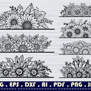 Split tournesol SVG, SVG monogramme, demi-tournesol Clipart, Split fleur SVG Floral Svg coupe fichier Cricut, Silhouette vecteur pochoir Eps Png Dxf