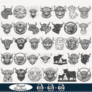 Highland vache SVG PNG Bundle, clipart vache Highland, fichier svg tête de vache Highland pour Cricut, svg de la vie à la ferme, téléchargement numérique instantané, vecteur,