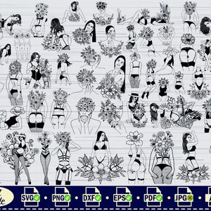 Corps de femme floral SVG, #3, corps de fille avec tête de fleurs svg, dessin au trait, svg femme fleur, femme nue, clipart, corps coupé fichier pour cricut, vecteur