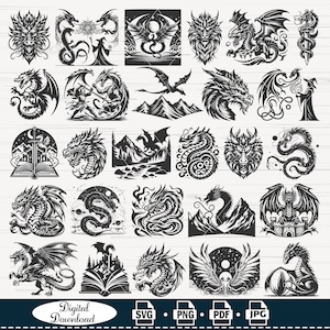 Puede incluir: Un conjunto de 25 ilustraciones vectoriales en blanco y negro de dragones en varias poses. Los dragones se representan con alas, garras y colas. Algunos de los dragones se muestran volando, mientras que otros se muestran de pie o sentados. Las ilustraciones son perfectas para usar en una variedad de proyectos, como diseños de camisetas, gráficos de sitios web y publicaciones en redes sociales.