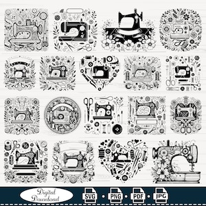 Máquina de coser floral SVG, silueta de costura, tijeras florales Svg, archivos de corte SVG de costura, costurera SVG, hilo Svg, artesanía Svg, sastre