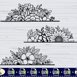 May include: Three black and white floral corner designs. The top design features a variety of flowers and leaves. The middle design features a sunflower and leaves. The bottom design features a variety of flowers and leaves.