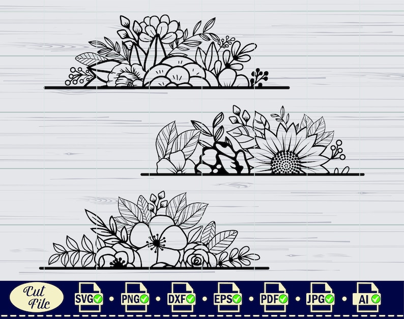 May include: Three black and white floral corner designs. The top design features a variety of flowers and leaves. The middle design features a sunflower and leaves. The bottom design features a variety of flowers and leaves.