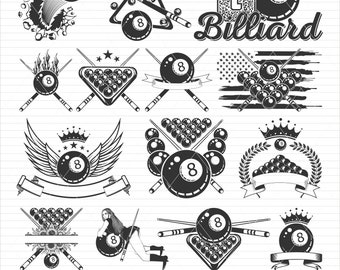 May include: A set of 10 black and white vector illustrations of billiard balls, cues, and other related imagery. The illustrations are in a vintage style and feature a variety of designs, including a pool table, a rack of balls, and a player holding a cue stick. The text "Go Billiard" is featured in one of the illustrations.
