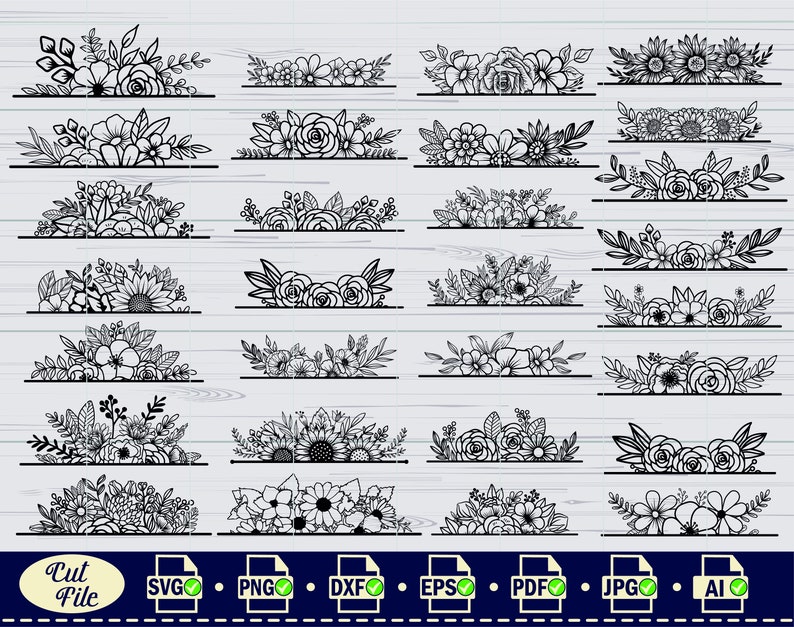 May include: A set of 25 black and white floral divider SVG cut files. The floral designs are perfect for adding a touch of elegance to your projects.