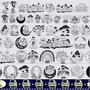 Puede incluir: Una colección de 36 ilustraciones de setas en blanco y negro. Las ilustraciones presentan setas en varios estilos, incluyendo caprichosos, geométricos y realistas. Algunas ilustraciones incluyen lunas, estrellas y otros elementos celestiales.