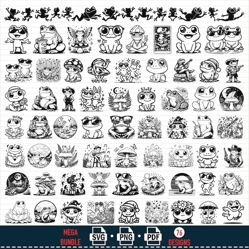Puede incluir: Un conjunto de 76 ilustraciones de ranas en blanco y negro. Las ranas se representan en varias poses y con diferentes accesorios, como gafas de sol, sombreros y flores. Las ilustraciones son perfectas para usar en proyectos de manualidades, scrapbooking o dise&ntilde;o digital.