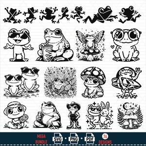 Puede incluir: Un conjunto de 76 ilustraciones digitales en blanco y negro de ranas en varias poses y entornos. Las ranas llevan sombreros, gafas de sol, sostienen bebidas y montan tablas de surf. Algunas ranas est&aacute;n rodeadas de flores y setas. Las ilustraciones son perfectas para crear camisetas, tazas, pegatinas y otros productos.