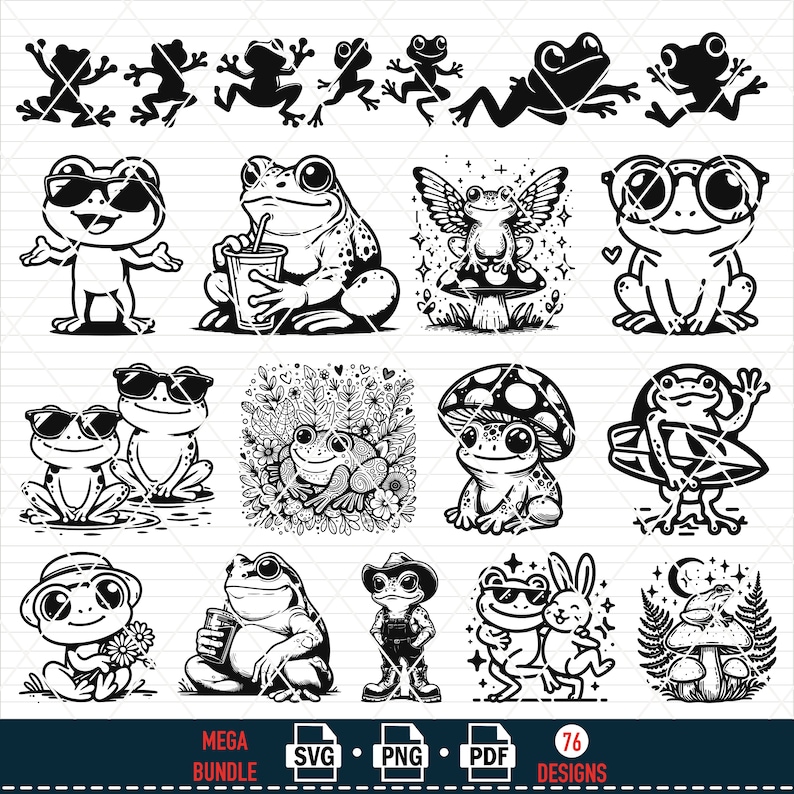 Puede incluir: Un conjunto de 76 ilustraciones digitales en blanco y negro de ranas en varias poses y entornos. Las ranas llevan sombreros, gafas de sol, sostienen bebidas y montan tablas de surf. Algunas ranas est&aacute;n rodeadas de flores y setas. Las ilustraciones son perfectas para crear camisetas, tazas, pegatinas y otros productos.