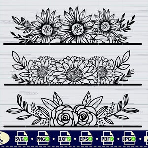 May include: Black and white digital download of three floral designs. The first design features sunflowers, the second features daisies, and the third features roses.