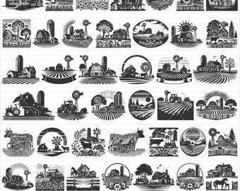 May include: A set of 36 black and white SVG cut files featuring various farm scenes. The designs include barns, silos, windmills, tractors, cows, and other farm animals. The files are perfect for creating custom crafts, home decor, and more.