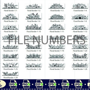 May include: A set of 29 black and white floral border designs. Each design features a different arrangement of flowers, leaves, and stems. The designs are labeled with the text "Floral Border" and a number.