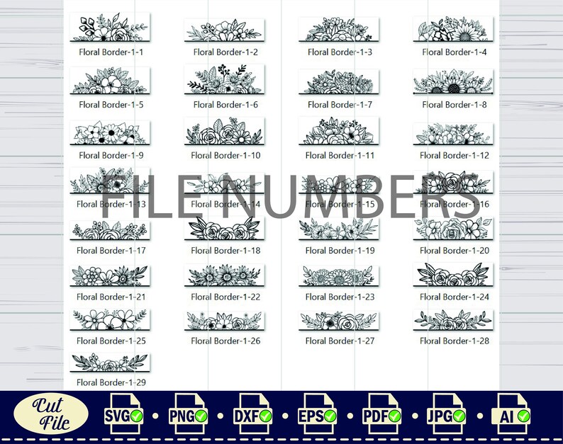 May include: A set of 29 black and white floral border designs. Each design features a different arrangement of flowers, leaves, and stems. The designs are labeled with the text "Floral Border" and a number.
