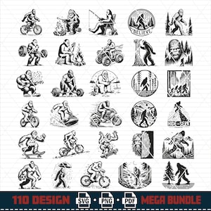 Pu&ograve; includere: Un set di 25 illustrazioni vettoriali in bianco e nero con un personaggio di Bigfoot in varie attivit&agrave;, tra cui andare in bicicletta, sollevare pesi, pescare, suonare la chitarra e altro ancora. Le illustrazioni sono perfette per creare t-shirt, tazze, adesivi e altri prodotti.