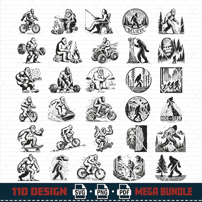 Pu&ograve; includere: Un set di 25 illustrazioni vettoriali in bianco e nero con un personaggio di Bigfoot in varie attivit&agrave;, tra cui andare in bicicletta, sollevare pesi, pescare, suonare la chitarra e altro ancora. Le illustrazioni sono perfette per creare t-shirt, tazze, adesivi e altri prodotti.