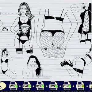 Pode incluir: Um conjunto de cinco arquivos de corte digital em preto e branco que representam mulheres em lingerie. As ilustra&ccedil;&otilde;es est&atilde;o em v&aacute;rias poses e incluem uma mulher com cabelo comprido, uma mulher com cabelo curto e uma mulher de costas para o espectador. As ilustra&ccedil;&otilde;es s&atilde;o adequadas para uso em projetos de artesanato, como adesivos de vinil, designs de camisetas e muito mais.