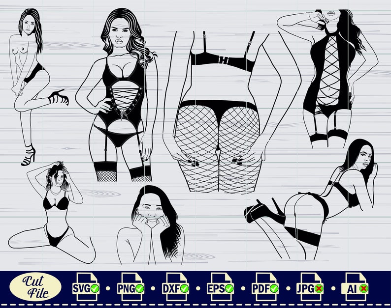 Pode incluir: Um conjunto de cinco arquivos de corte digital em preto e branco que representam mulheres em lingerie. As ilustra&ccedil;&otilde;es est&atilde;o em v&aacute;rias poses e incluem uma mulher com cabelo comprido, uma mulher com cabelo curto e uma mulher de costas para o espectador. As ilustra&ccedil;&otilde;es s&atilde;o adequadas para uso em projetos de artesanato, como adesivos de vinil, designs de camisetas e muito mais.