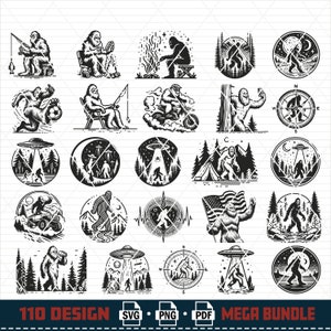 Pu&ograve; includere: Un set di 25 illustrazioni vettoriali in bianco e nero con un personaggio di Bigfoot in varie pose e ambientazioni. Le illustrazioni includono Bigfoot che pesca, guida una moto, fa campeggio, tiene una bandiera italiana e altro ancora.