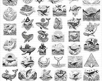 Lot de baleines SVG : motifs floraux, champignons et océan (fichiers numériques)