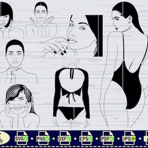 Pode incluir: Um conjunto de arquivos de corte digital que apresentam uma mulher em diferentes poses, incluindo uma mulher usando um mai&ocirc;, uma mulher com as m&atilde;os no rosto e uma mulher com o cabelo puxado para tr&aacute;s. Os arquivos est&atilde;o dispon&iacute;veis nos formatos SVG, PNG, DXF, EPS, PDF, JPG e AI.