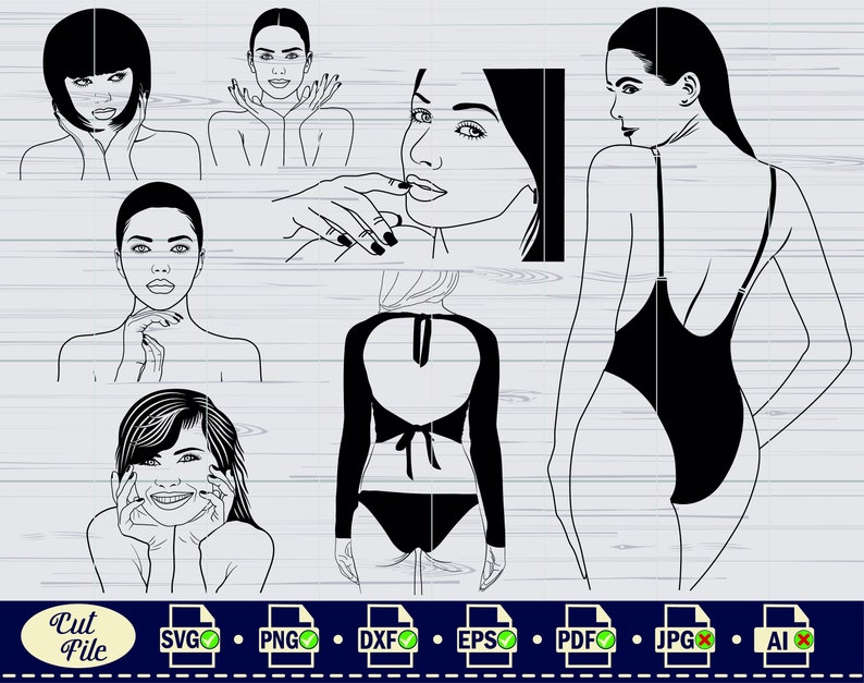 Pode incluir: Um conjunto de arquivos de corte digital que apresentam uma mulher em diferentes poses, incluindo uma mulher usando um mai&ocirc;, uma mulher com as m&atilde;os no rosto e uma mulher com o cabelo puxado para tr&aacute;s. Os arquivos est&atilde;o dispon&iacute;veis nos formatos SVG, PNG, DXF, EPS, PDF, JPG e AI.