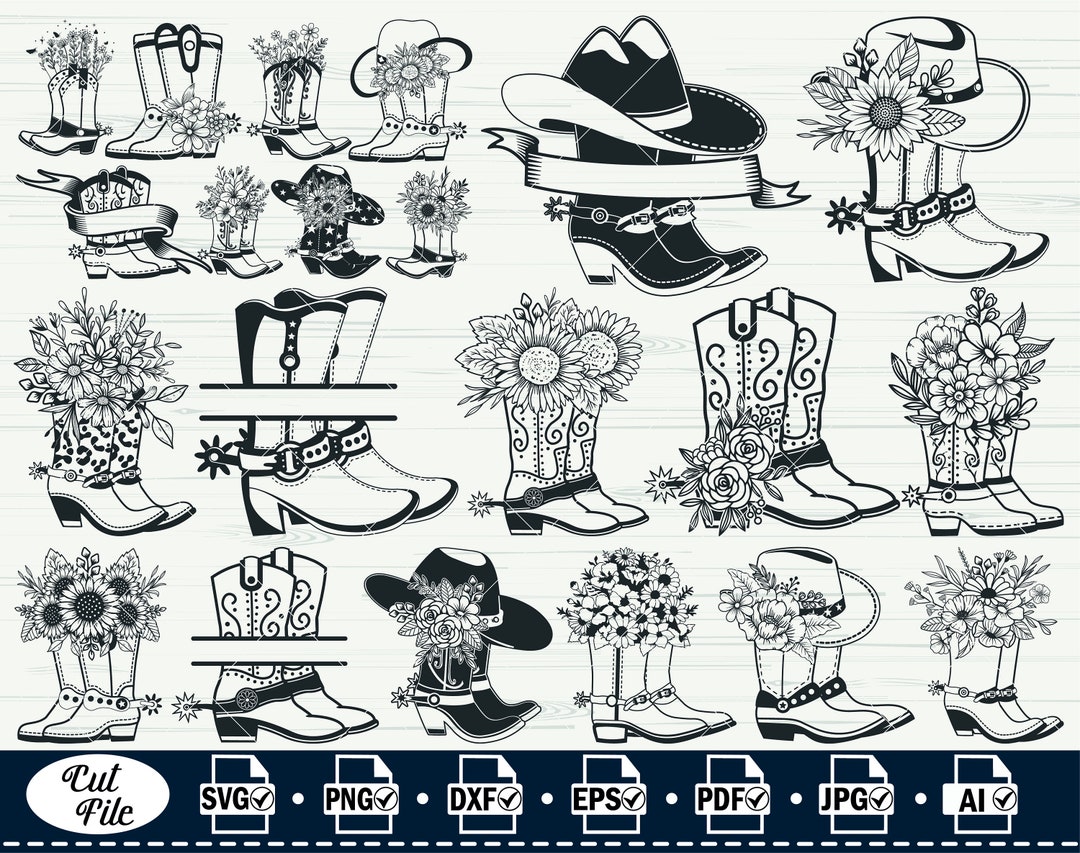 Cowboy Boots Svg,6, Cowgirl Svg, Flower Cowboy Hat and Cowboy Boots Svg