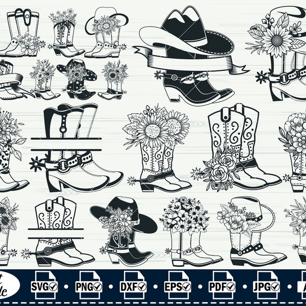 Cowboy Boots Svg,#6, Cowgirl svg, Flower Cowboy Hat and Cowboy Boots svg files, Sunflower Hat Svg, Floral Hat, Western svg, clipart,cut file