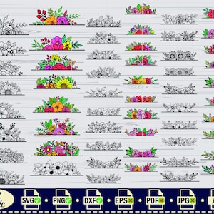 May include: A set of 36 floral divider SVG cut files. The dividers feature various floral arrangements in black and white and colour, including sunflowers, roses, and other flowers. The files are perfect for creating custom designs for crafts, scrapbooking, and more.
