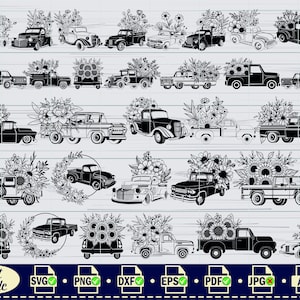 Sunflower Truck SVG,#2, Spring Truck svg, Truck com flores svg, Arquivo de corte para Cricut, Retro Pickup, Download digital, Vetor, Silhueta DXF
