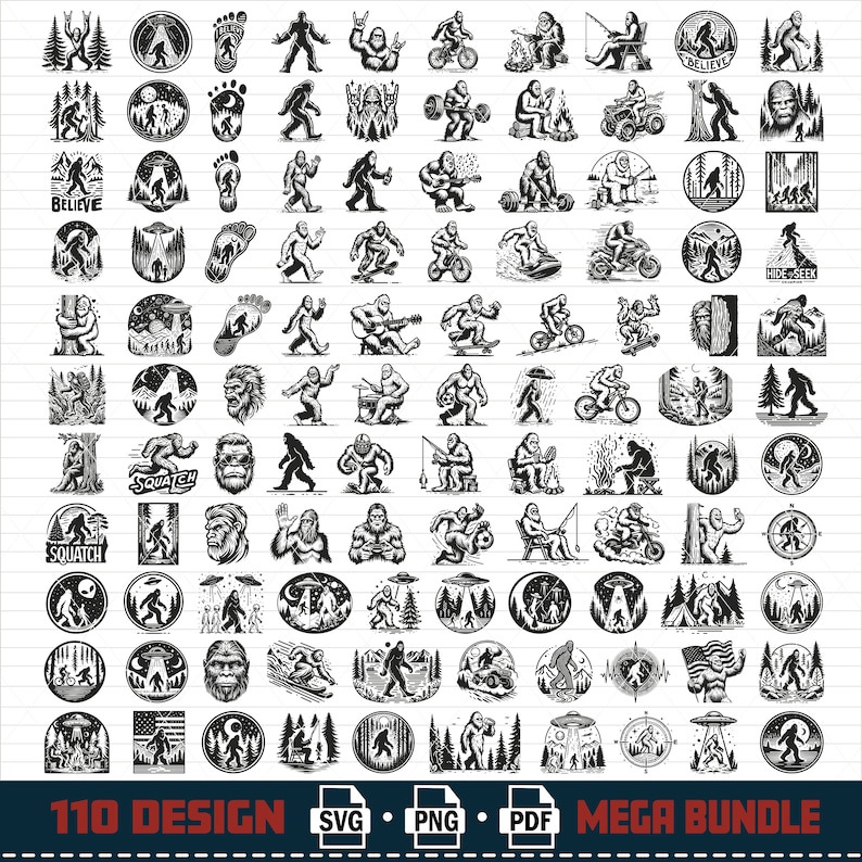 Pu&ograve; includere: Una collezione di 110 illustrazioni vettoriali in bianco e nero con un personaggio di Bigfoot in varie pose e ambientazioni. Le illustrazioni includono Bigfoot che suona la chitarra, guida una motocicletta, pesca e fa campeggio. Il testo "110 DESIGN SVG PNG PDF MEGA BUNDLE" &egrave; in fondo all'immagine.