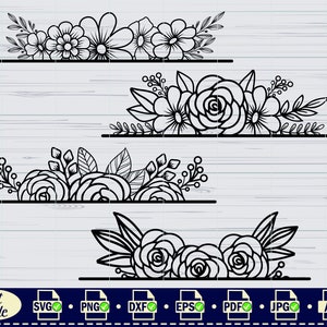 May include: Four black and white floral designs with different arrangements of flowers and leaves. The designs are perfect for creating borders, frames, or dividers for digital or physical projects.
