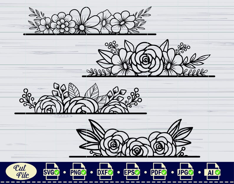 May include: Four black and white floral designs with different arrangements of flowers and leaves. The designs are perfect for creating borders, frames, or dividers for digital or physical projects.