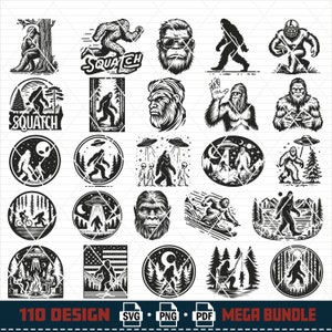 Pu&ograve; includere: Un set di 25 illustrazioni vettoriali in bianco e nero di Bigfoot, noto anche come Sasquatch, in varie pose e ambientazioni. Le illustrazioni includono Bigfoot in piedi, che cammina, seduto, che tiene un pallone da calcio e che guarda un UFO. Alcune illustrazioni mostrano Bigfoot in un ambiente boschivo, mentre altre lo mostrano in un ambiente pi&ugrave; urbano. Le illustrazioni sono perfette per l'uso in una variet&agrave; di progetti, come design di magliette, grafica di siti web e post sui social media.