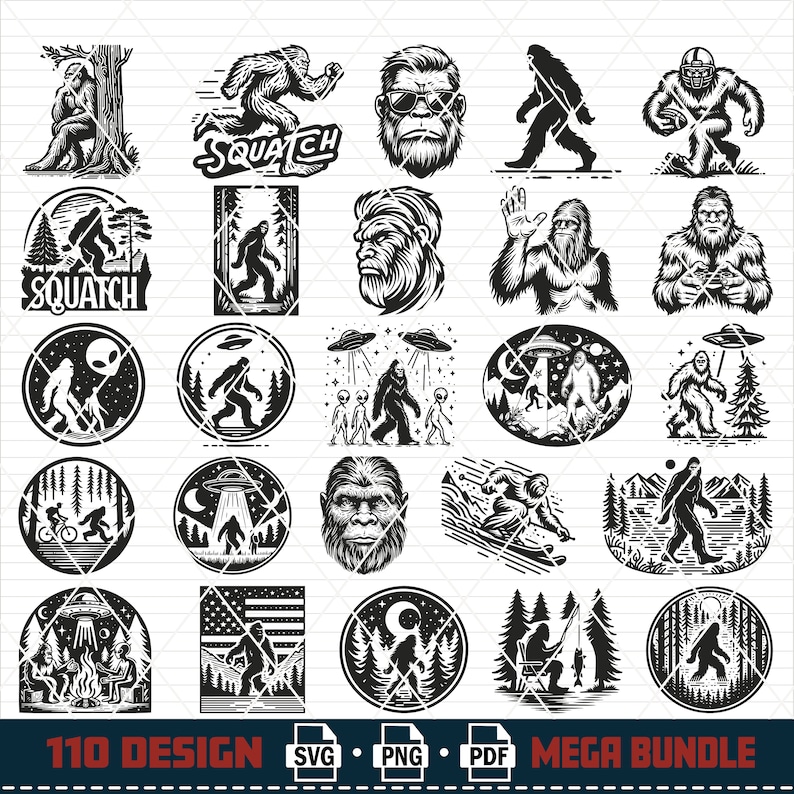 Pu&ograve; includere: Un set di 25 illustrazioni vettoriali in bianco e nero di Bigfoot, noto anche come Sasquatch, in varie pose e ambientazioni. Le illustrazioni includono Bigfoot in piedi, che cammina, seduto, che tiene un pallone da calcio e che guarda un UFO. Alcune illustrazioni mostrano Bigfoot in un ambiente boschivo, mentre altre lo mostrano in un ambiente pi&ugrave; urbano. Le illustrazioni sono perfette per l'uso in una variet&agrave; di progetti, come design di magliette, grafica di siti web e post sui social media.
